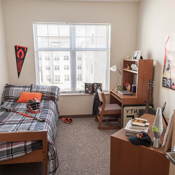 A staged dorm room